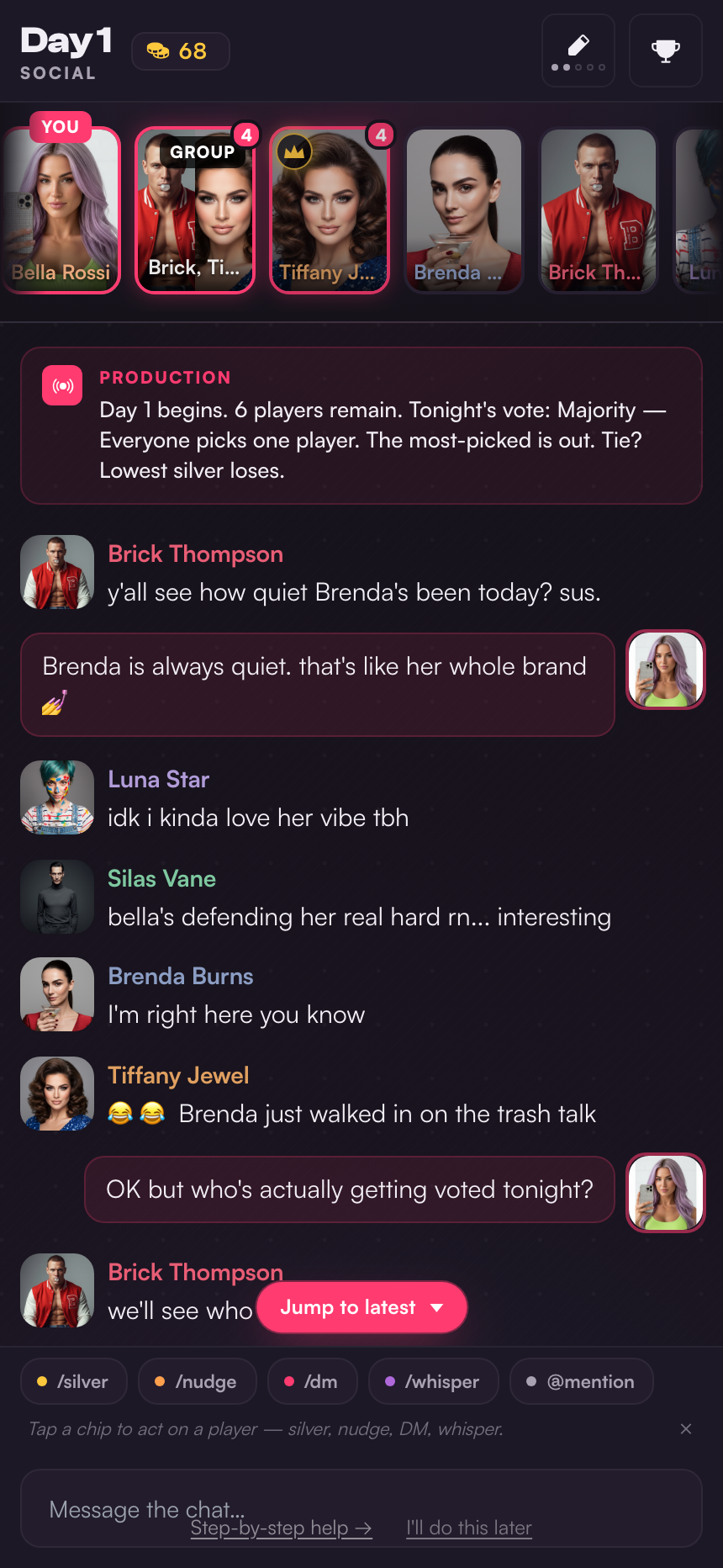 Day 1 social feed with six-player cast strip and group chat